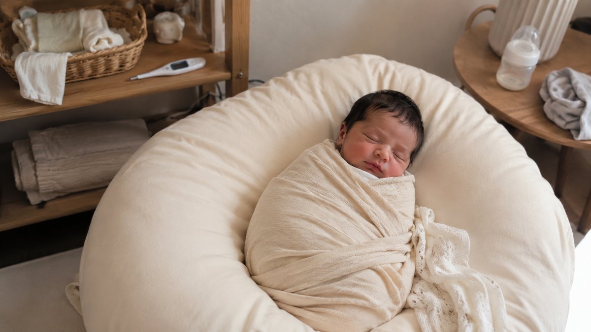 Neonato avvolto in una morbida fascia beige fotografato con luce naturale in uno studio newborn italiano