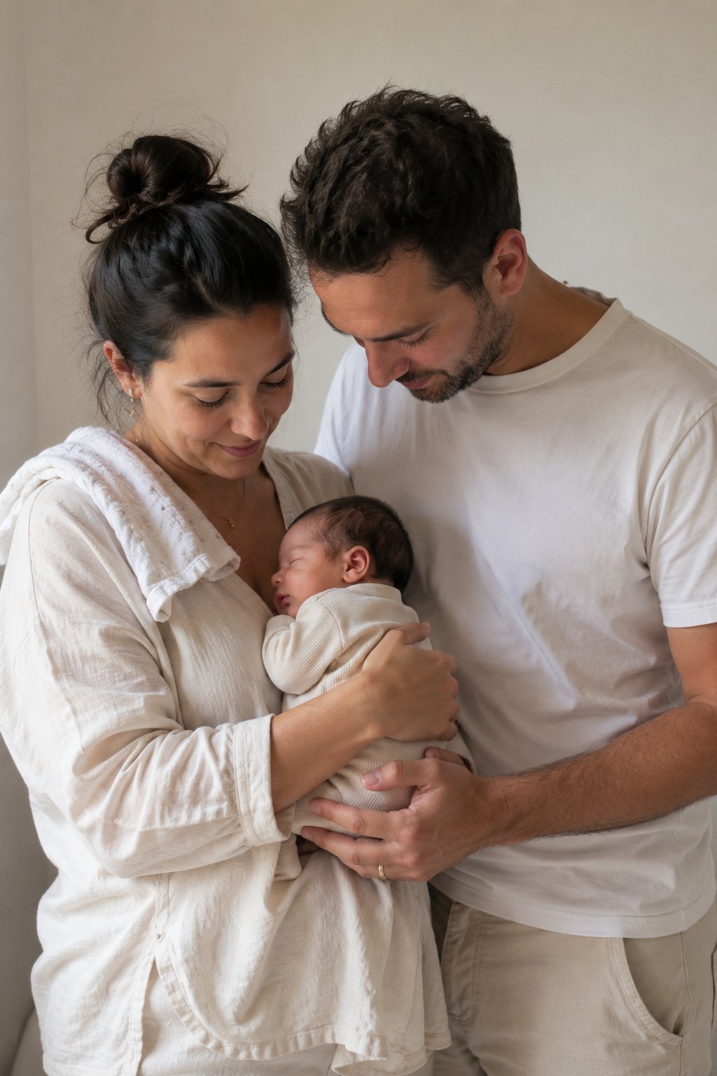 Neonato di un mese su copertina bianca con cartoncino del mese, fotografato in luce naturale vicino a una finestra