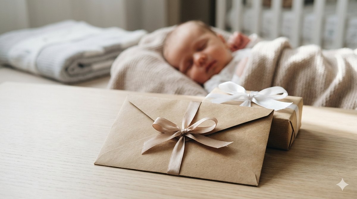 Buono regalo servizio fotografico neonato presentato in una bella busta kraft, idea regalo di nascita originale in Italia