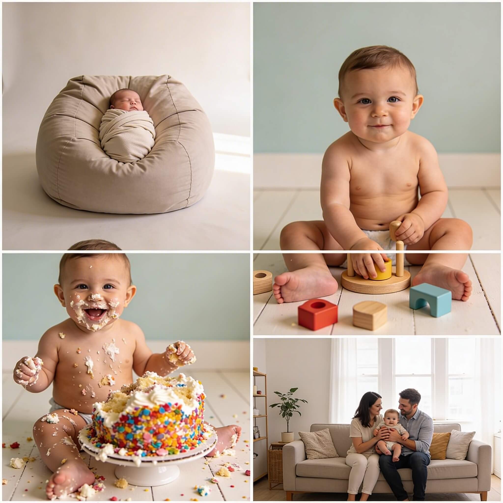 Composizione a griglia che mostra cinque tipi di sessioni fotografiche neonati: newborn posing in un pouf, neonato di 6 mesi seduto, smash the cake, giocattoli e sessione famiglia lifestyle a domicilio