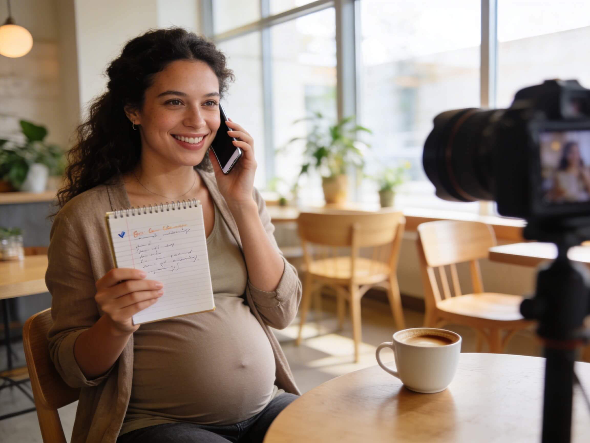 Futura mamma incinta sorridente in conversazione telefonica con un blocco note in mano, che illustra la preparazione della lista di domande da porre prima di prenotare un servizio fotografico neonati