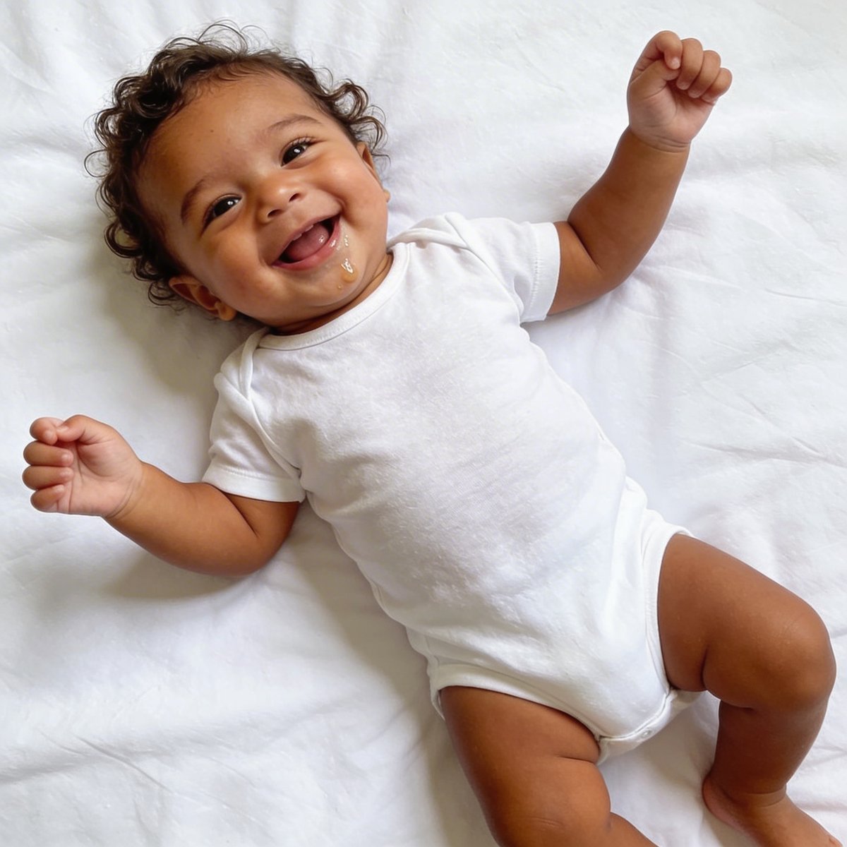 Bambino di 2-3 mesi sdraiato sulla schiena con un grande sorriso sveglio