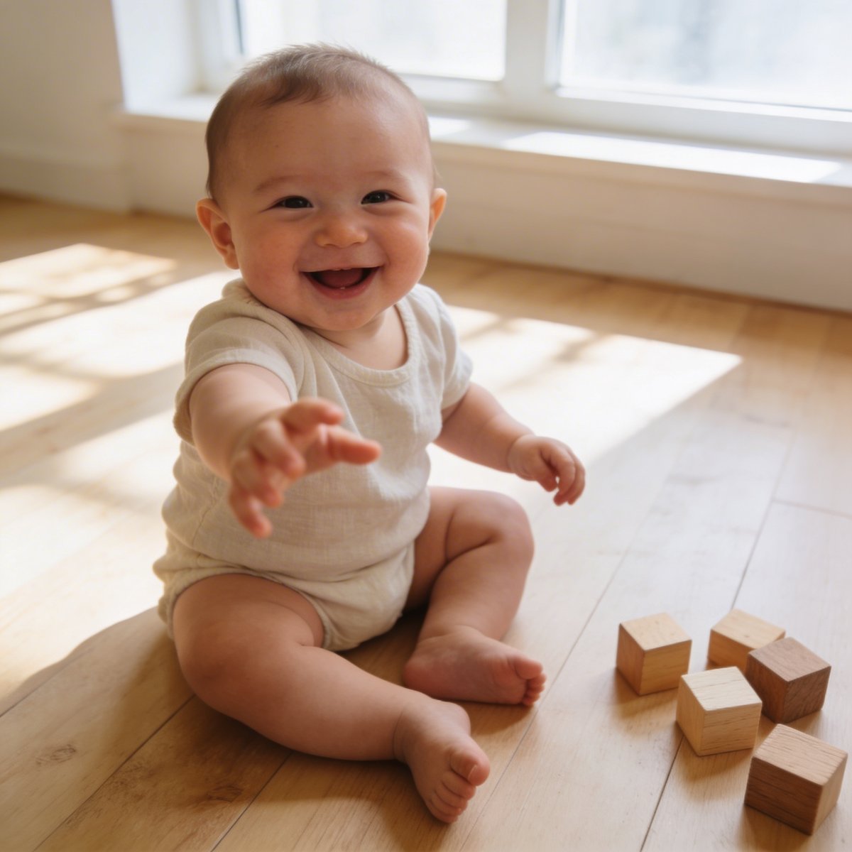 Bambino di 6-9 mesi seduto in autonomia con un grande sorriso durante un servizio fotografico