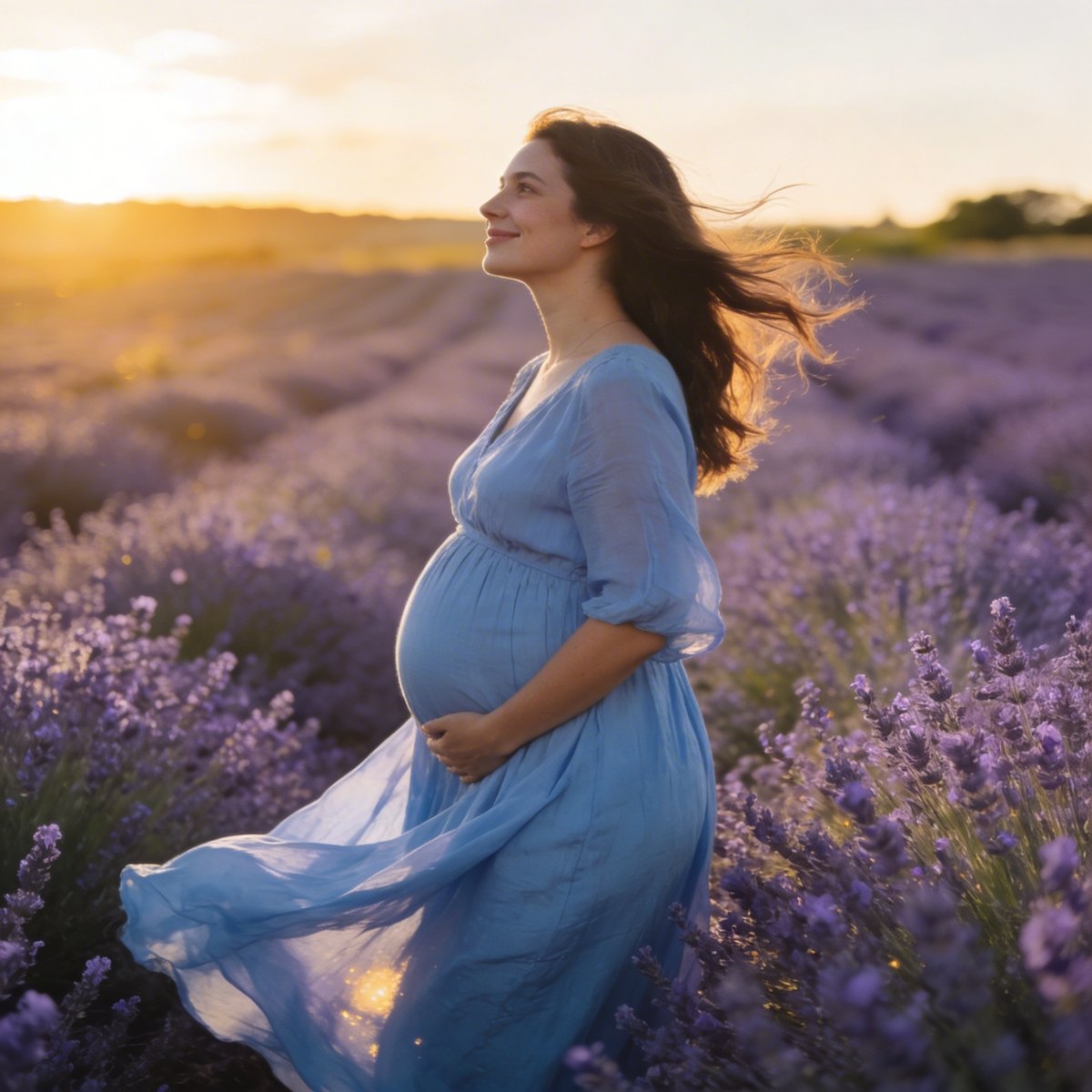 Futura mamma in un campo di lavanda al tramonto dorato