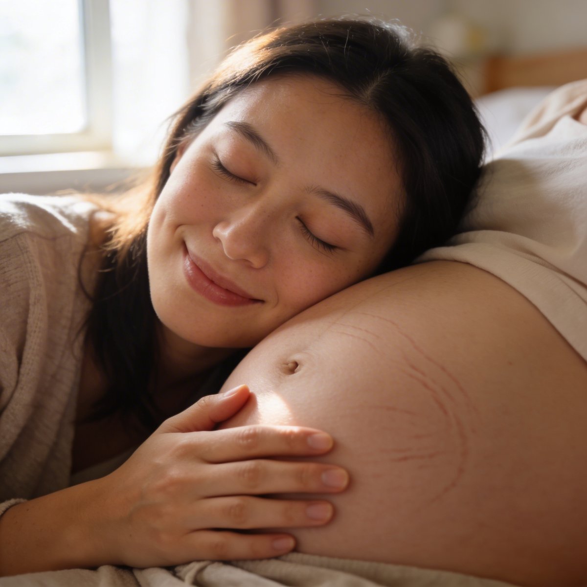 Futura mamma in un momento intimo con luce naturale morbida