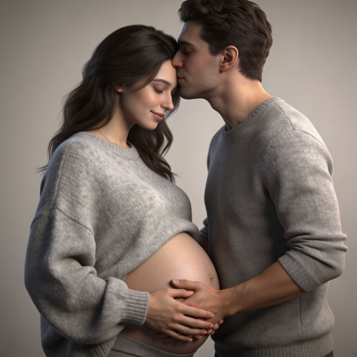 Diverse pose classiche per servizio fotografico maternità: profilo, mani sul pancione, coppia