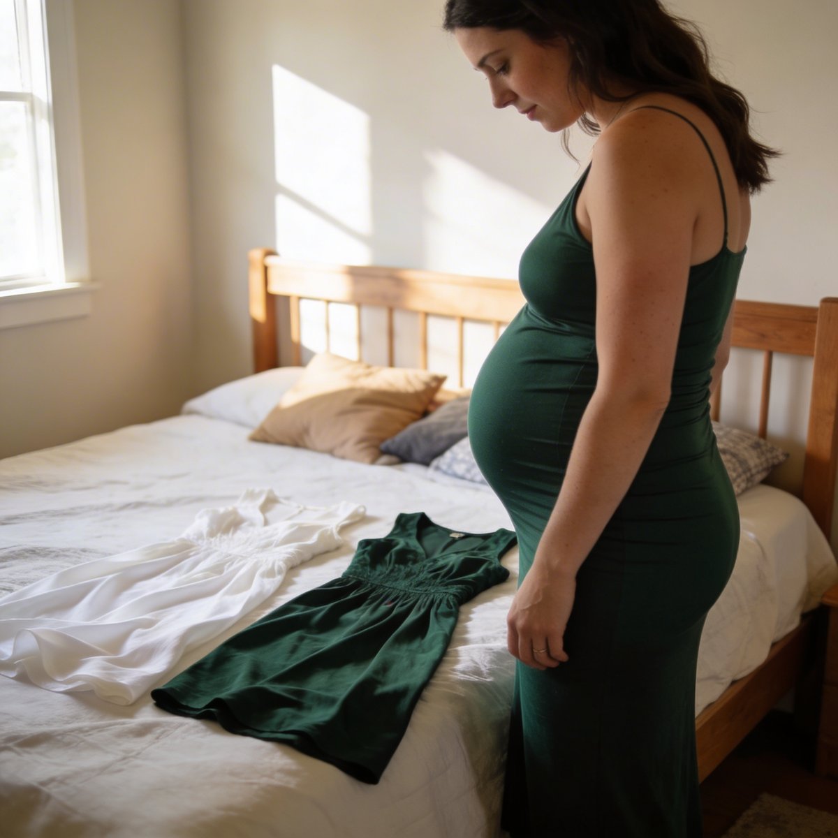 Futura mamma che prepara il servizio fotografico maternità con outfit e accessori